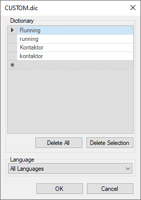 Custom dictionary dialog box in Trados Studio displaying a list of words: 'Running,' 'running,' 'Kontaktor,' and 'kontaktor.' Options to delete words and a dropdown for language selection are visible.