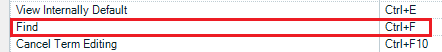 Screenshot showing a menu in Trados Studio with the 'Find' option highlighted in red, and its shortcut key listed as Ctrl+F.