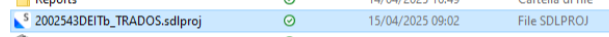 Screenshot showing a file named '2002543DEITb_TRADOS.sdlproj' with the file type displayed as 'File SDLPROJ' and a green checkmark icon.