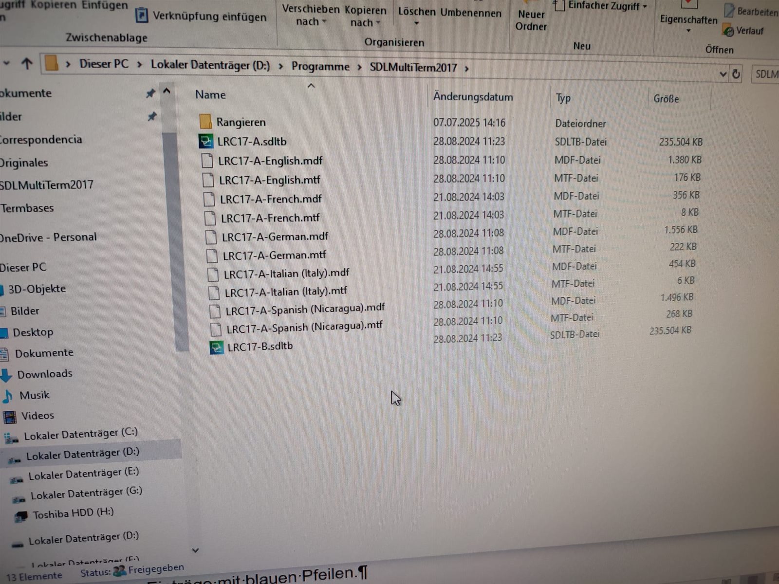 File explorer showing the folder SDL MultiTerm2017 with files LRC17-A.sdltb, LRC17-B.sdltb, and multiple MDF and MTF files for different languages.