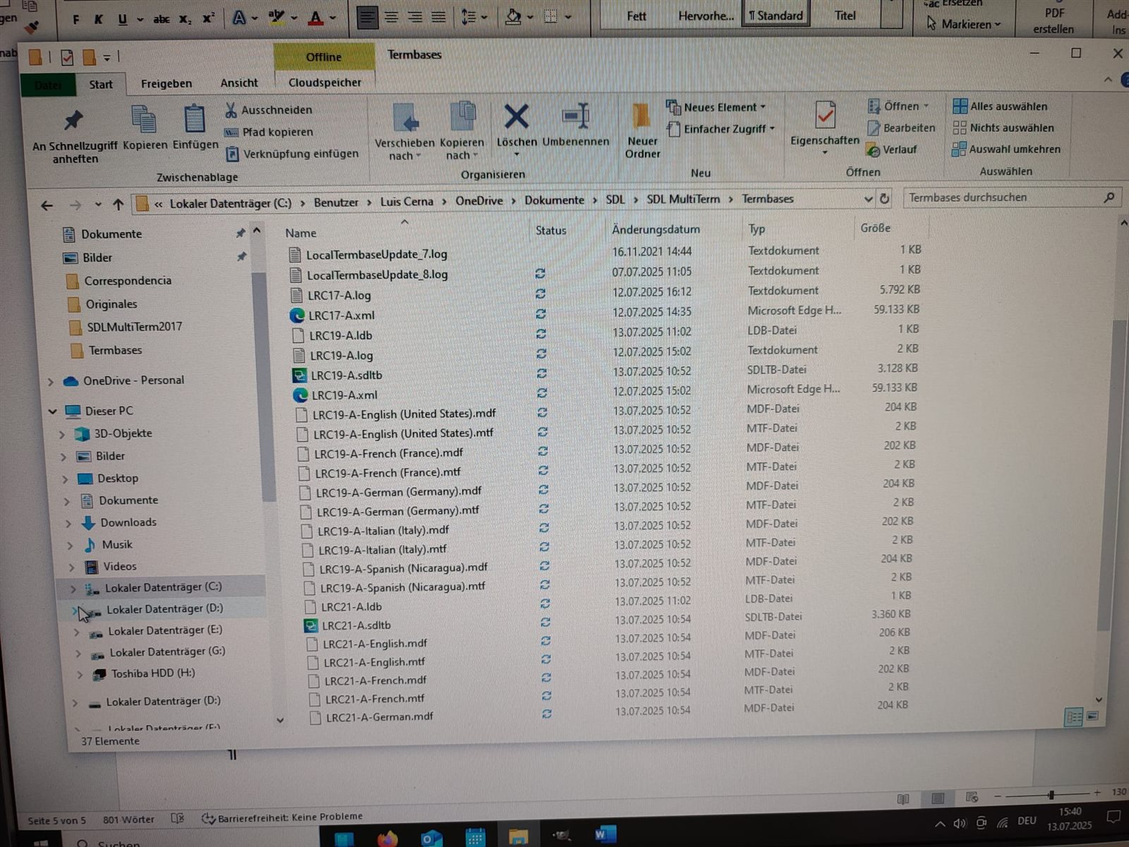 File explorer showing the Termbases folder with files LRC17-A, LRC19-A, LRC21-A, and various MDF and MTF files for different languages, along with text documents and LDB files.