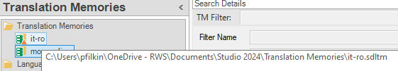 Translation Memories window showing the path to the TM file 'it-ro.sdltm' in the Studio 2024 folder.