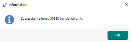 Information dialog box stating 'Successfully aligned 30363 translation units' with an OK button.