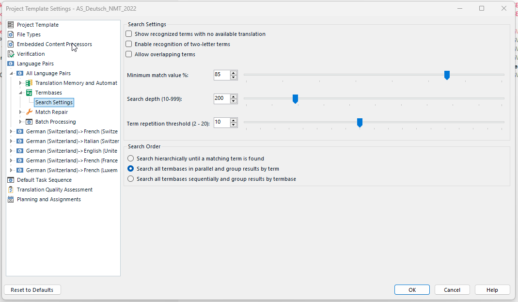 Trados Studio 2022 settings window showing search settings with options like minimum match value, search depth, and term repetition threshold.