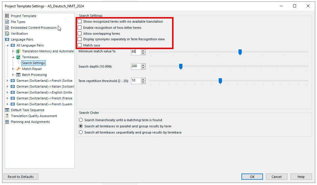 Trados Studio 2024 settings window with an additional option 'Display synonyms separately in Term Recognition view' highlighted in the search settings.