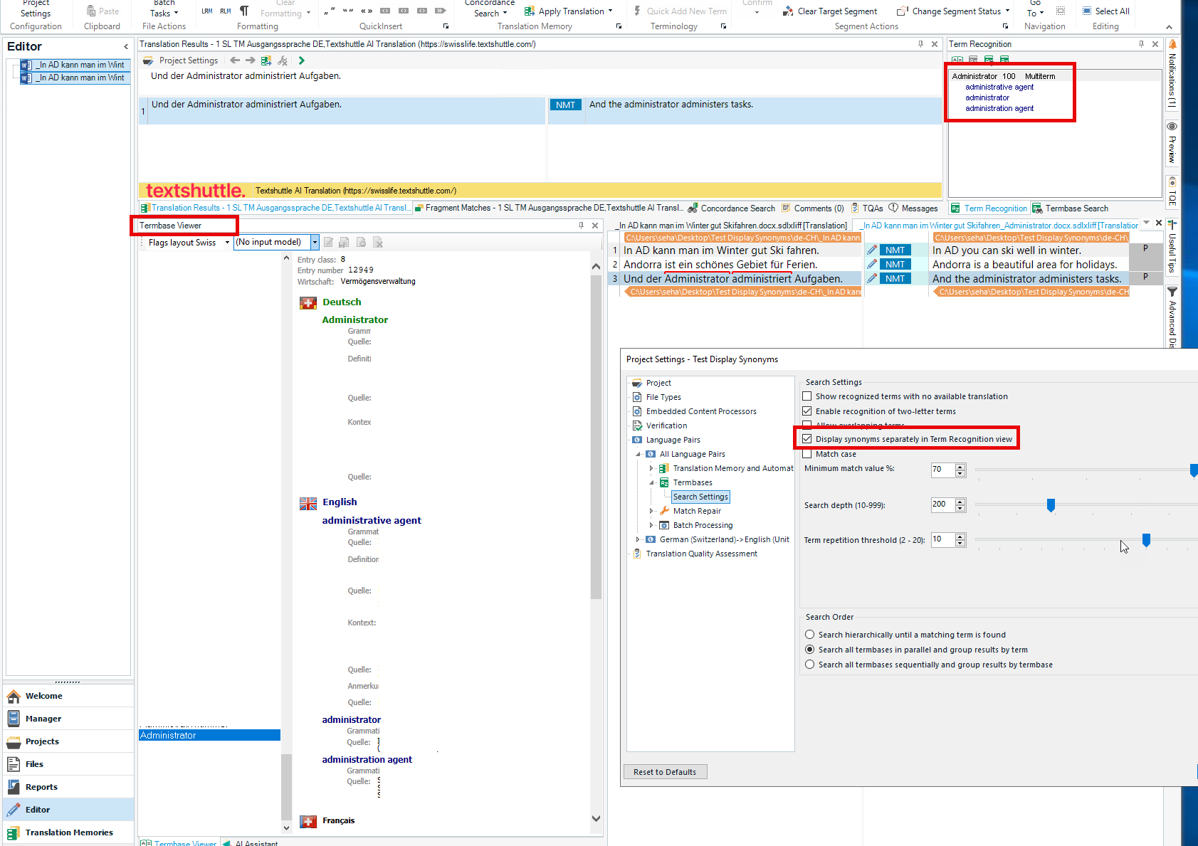 Trados Studio editor view with 'Display synonyms separately in Term Recognition view' enabled, showing synonyms listed separately in the Term Recognition panel.
