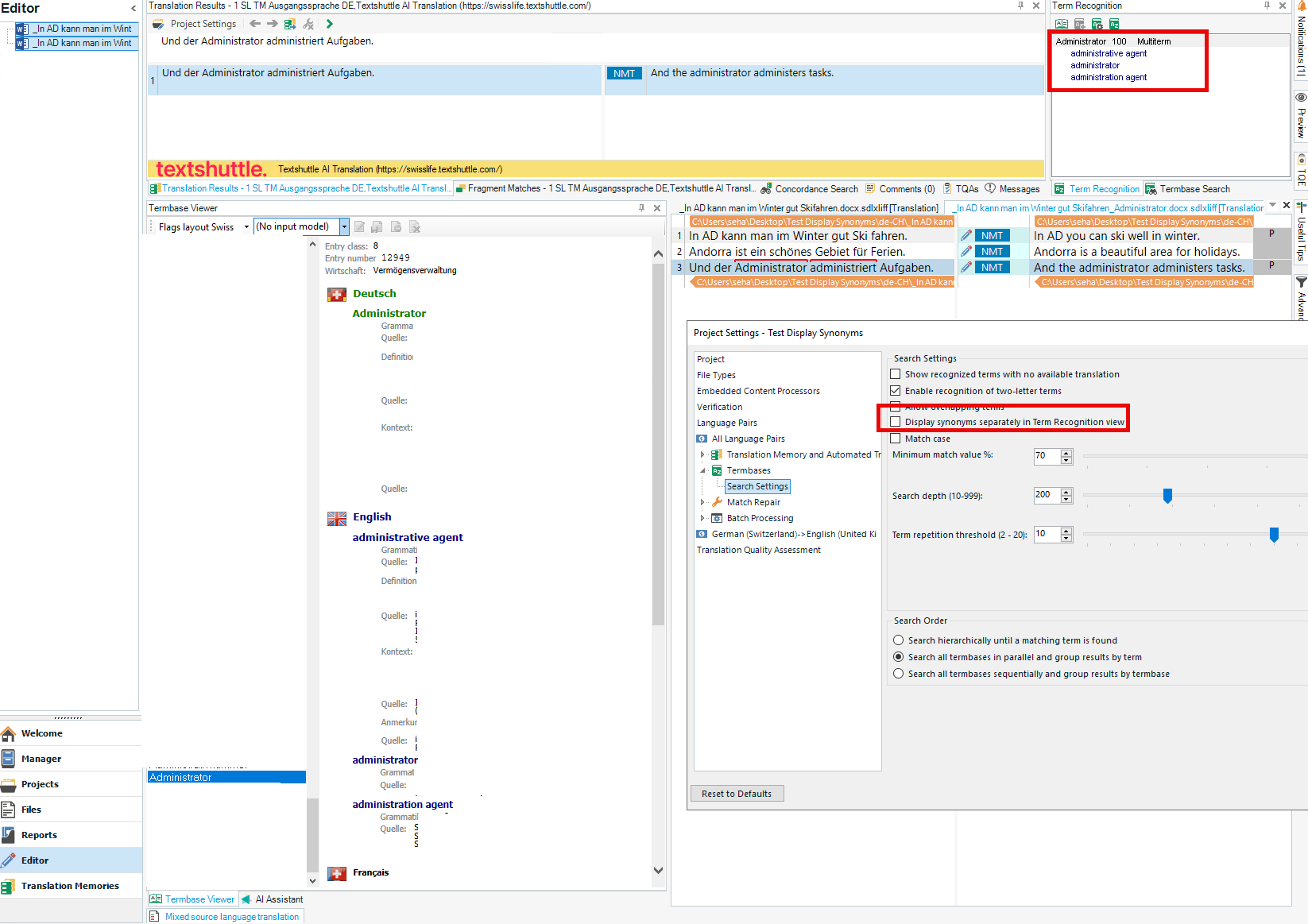 Trados Studio editor view with 'Display synonyms separately in Term Recognition view' disabled, showing synonyms grouped together in the Term Recognition panel.