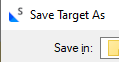 Screenshot showing the 'Save Target As' option with a dropdown labeled 'Save in:' and an empty folder selection field.