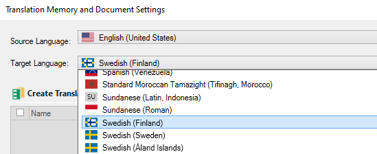 Trados Studio interface displaying 'Translation Memory and Document Settings' window. Source language is 'English (United States)', and target language dropdown is open, highlighting 'Swedish (Finland)'.