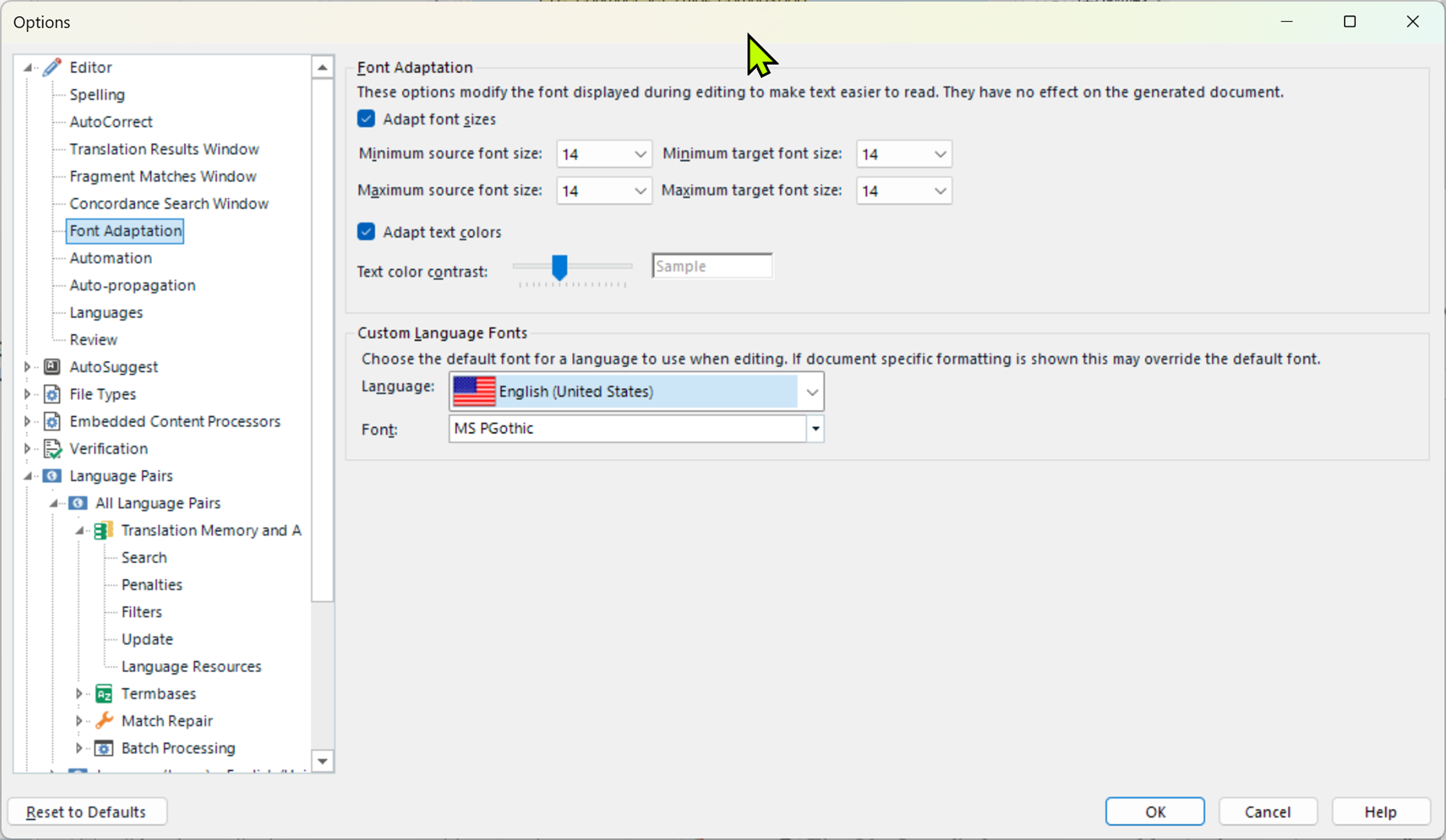 Options menu showing font adaptation settings for English (United States) language with MS PGothic font selected.