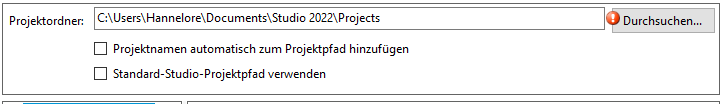 Trados Studio interface showing project folder path set to C:UsersHanneloreDocumentsStudio 2022Projects with a button labeled Durchsuchen and two unchecked options below.