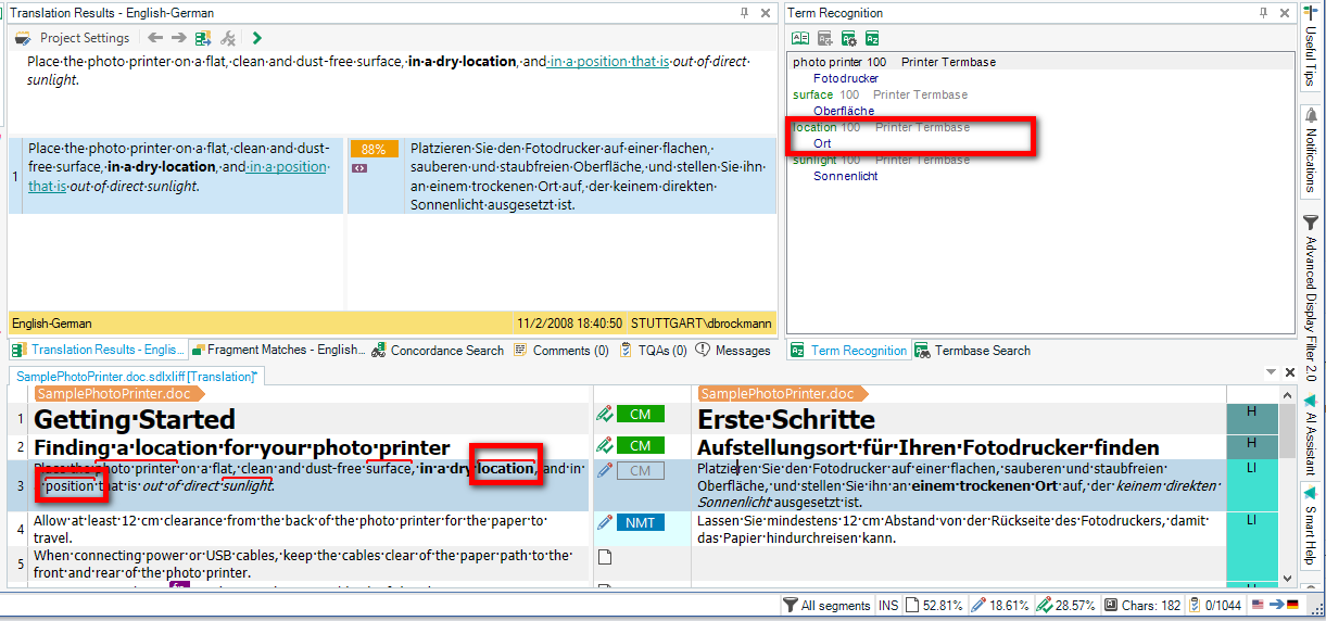 Trados Studio interface showing term recognition with highlighted synonyms 'location' and 'position' translated as 'Ort' in German.