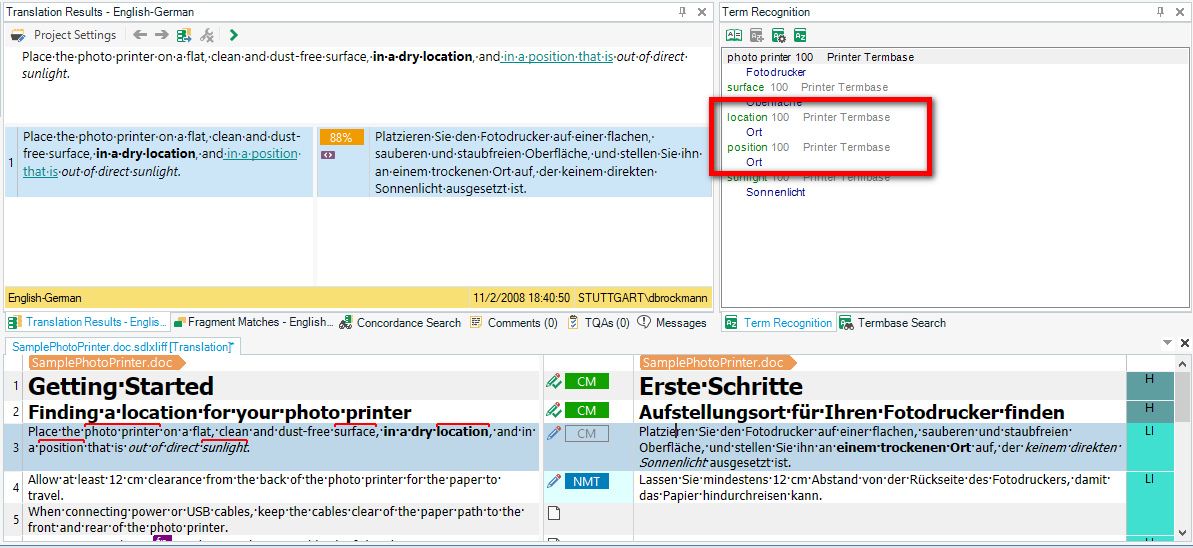 Trados Studio interface displaying term recognition with both synonyms 'location' and 'position' highlighted and translated as 'Ort' in German.