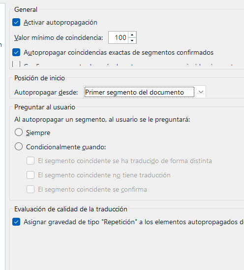 Screenshot of Trados Studio settings showing the 'General' section with options for activating autopropagation, minimum match value set to 100, and partially visible text in some options.