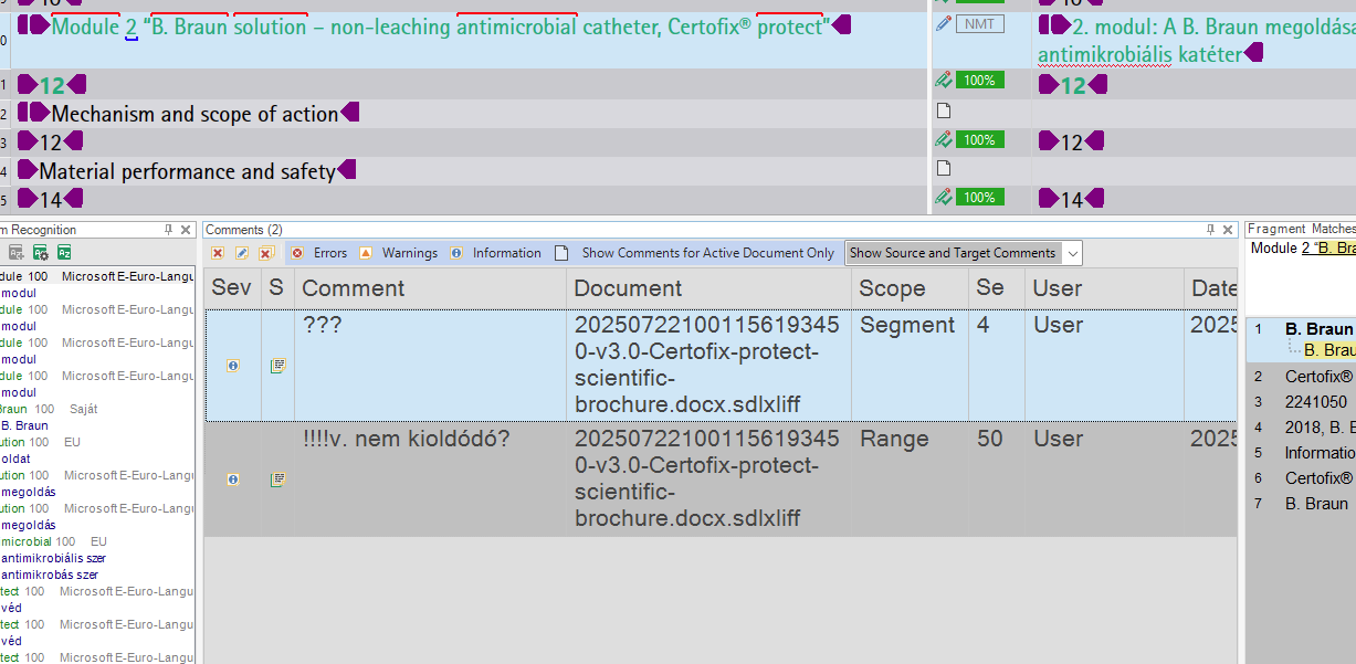 Screenshot of Trados Studio 2024 showing a comments pane with large font size. Comments include '???' and '!!!v. nem kioldodo?'. The document name is visible in the pane.