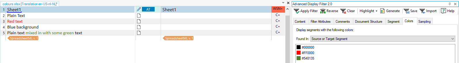 Screenshot of Trados Studio showing a spreadsheet with text in various colors: plain text, red text, blue background, and green text mixed with plain text. Advanced Display Filter 2.0 is open on the right, displaying color codes #000000, #FF0000, and #548135.
