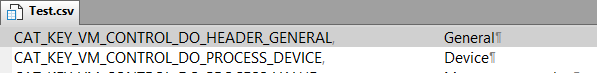 Text editor view of Test.csv file showing rows with headers like CAT_KEY_VM_CONTROL_DO_HEADER_GENERAL and corresponding values like General and Device, with visible line feed symbols.