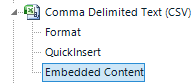 Trados Studio settings menu highlighting the Embedded Content option under Comma Delimited Text (CSV).