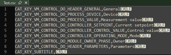 Screenshot of a Notepad++ window displaying a CSV file with rows containing keys and values separated by commas. Each row ends with 'CRLF'.