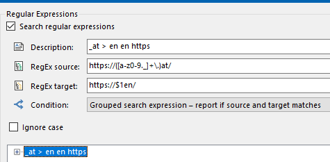 Regular Expressions settings window showing a description '_at > en en https', a RegEx source 'https:(a-z0-9_+.)at', and a RegEx target 'https:$1en'.