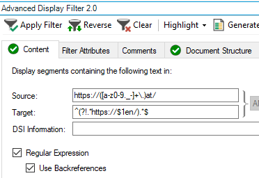 Advanced Display Filter 2.0 window with filters applied. Source contains 'https:(a-z0-9_+.)at' and Target contains '(?!.*https:$1en).*$'. Regular Expression and Use Backreferences are checked.
