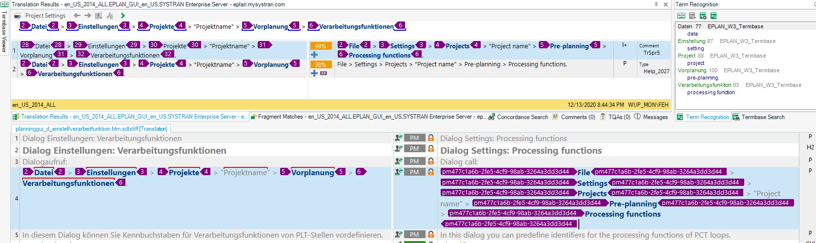 Screenshot of Trados Studio 2024 interface showing translation results with highlighted tags and segments. Tags for 'File', 'Settings', 'Projects', 'Project name', 'Pre-planning', and 'Processing functions' are visible.