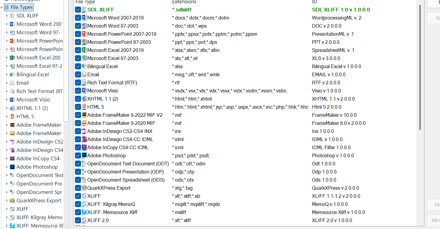 Trados Studio file types settings window showing a list of supported file types, including SDL XLIFF, Microsoft Word, PowerPoint, Excel, Bilingual Excel, and Adobe InDesign formats.
