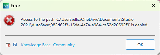 Error message in Trados Studio 2021 stating 'Access to the path C:UserselliOneDriveDocumentsStudio 2021AutoSave982d62f3-16da-4e7a-a984-ca52d20692f9 is denied.'