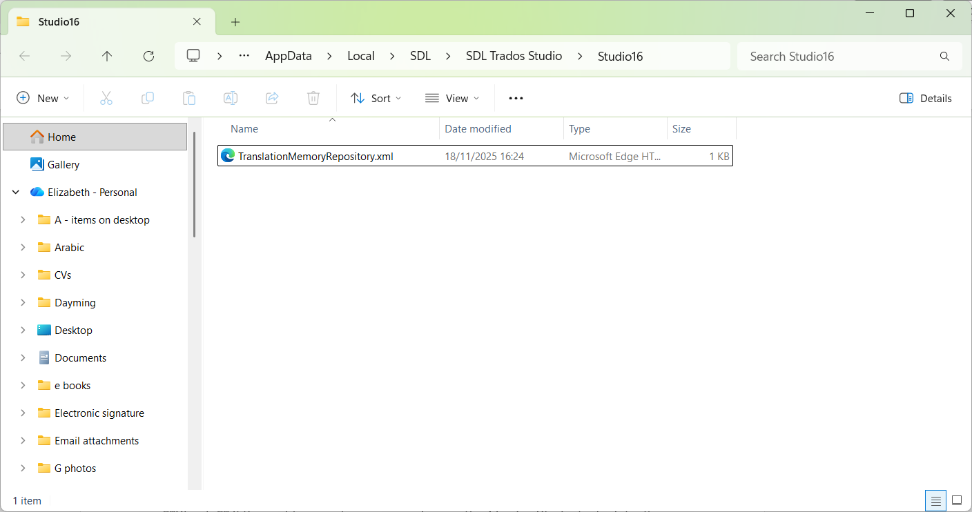 File Explorer window showing the Studio16 folder path. A file named TranslationMemoryRepository.xml is listed with a size of 1 KB and a date modified of 18112025 16:24.