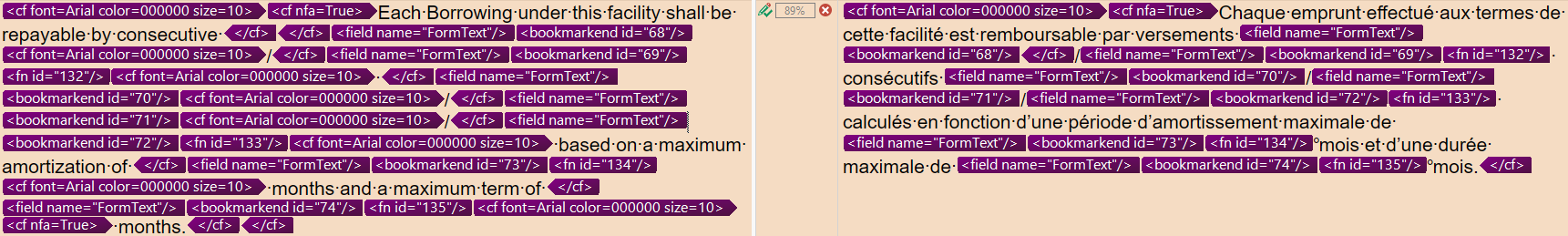 Screenshot of a segment in Trados Studio with detailed formatting tags visible, including font, size, and bookmark IDs.