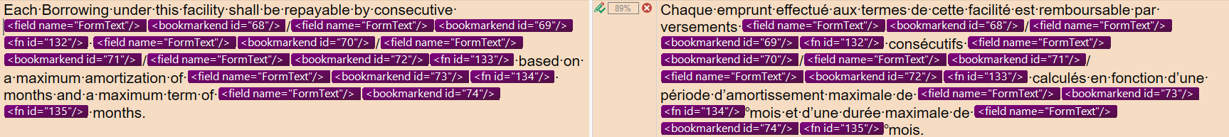 Screenshot of a segment in Trados Studio with formatting tags streamlined for better readability.