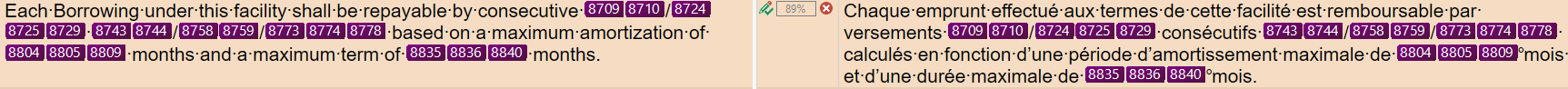 Screenshot of a segment in Trados Studio with tag IDs displayed instead of full formatting tags for easier focus on translation.
