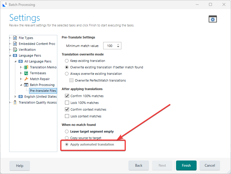 Batch Processing settings window in Trados Studio showing Pre-Translate Settings with 'Apply automated translation' option grayed out and highlighted with a red box and arrow.