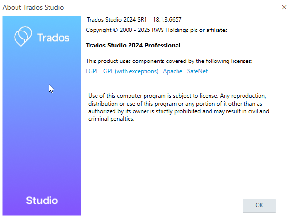 About Trados Studio window displaying version 2024 SR1, copyright information, licensing details, and a note on usage restrictions.