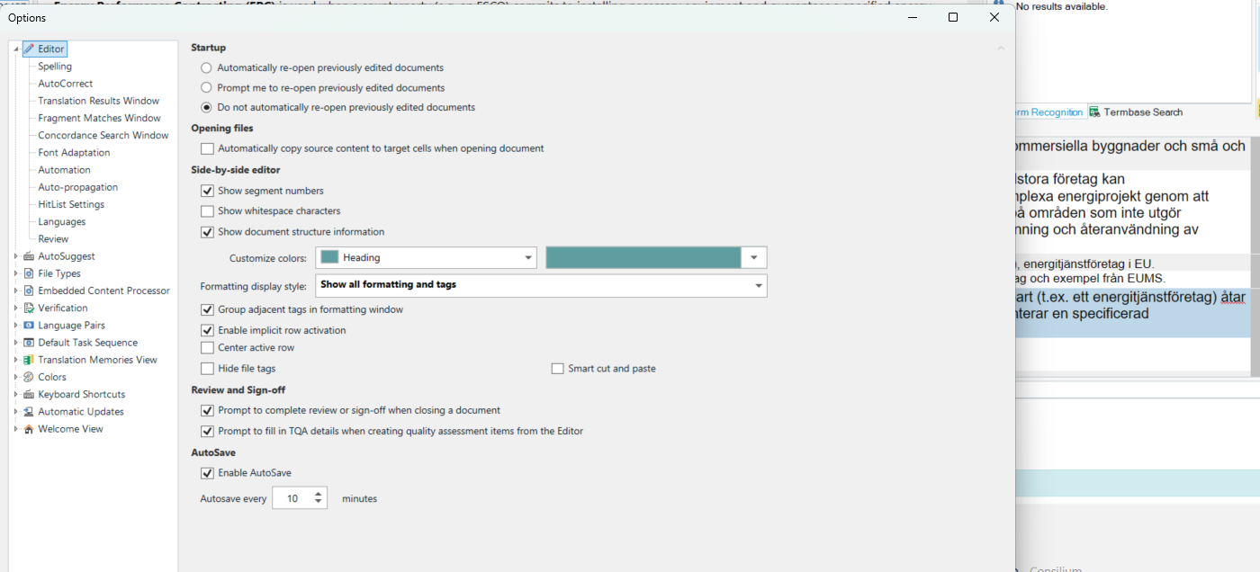Trados Studio options window showing settings for the Editor, including Startup, Opening files, Side-by-side editor, Review and Sign-off, and AutoSave options.