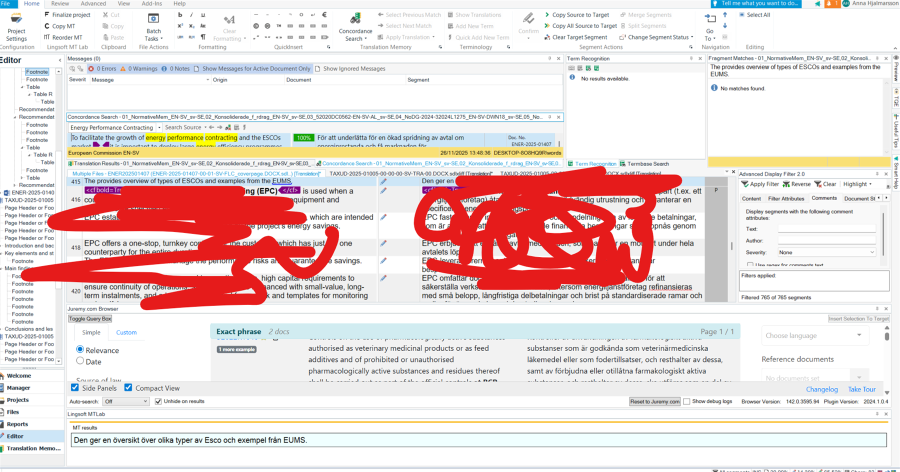 Screenshot of Trados Studio interface showing a translation project with multiple segments, translation results, and advanced display filter options. Some text is redacted with red scribbles.