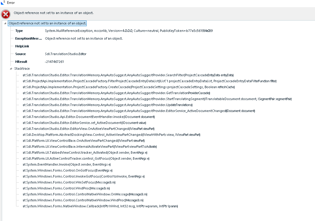 Error message in Trados Studio 2024 displaying 'Object reference not set to an instance of an object' with details including Exception type, HelpLink, Source, HResult, and Stacktrace.