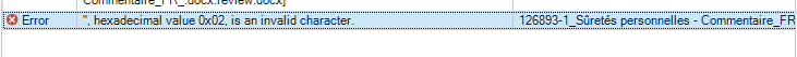Screenshot showing an error message in Trados Studio: 'Hexadecimal value 0x02 is an invalid character' with a file named '126893-1 Suretes personnelles - Commentaire_FR'.