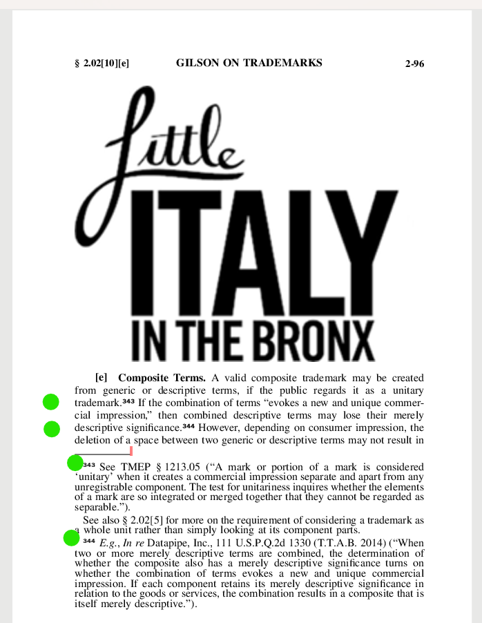 A page from 'Gilson on Trademarks' showing the heading 'Composite Terms' with a logo reading 'Little Italy in the Bronx' and text discussing composite trademarks.