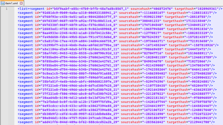 Screenshot of an XML file named 'item1.xml' displaying a list of segments with attributes such as 'id', 'sourcehash', and 'targethash'.