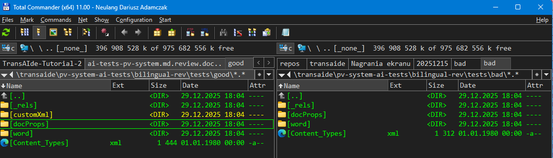Screenshot of Total Commander showing two panels comparing directories. The left panel displays a 'good' folder with subfolders '_rels', 'customXml', 'docProps', and 'word'.
