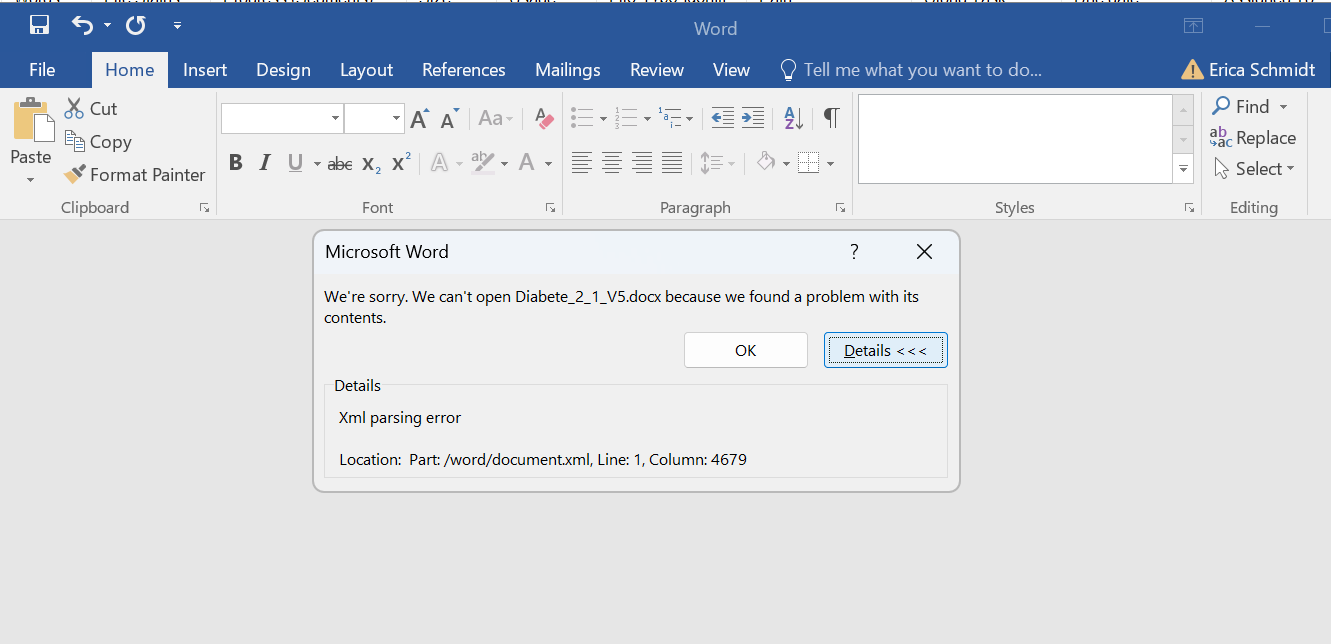 Microsoft Word error message stating 'We can't open Diabete_2_1_V5.docx because we found a problem with its contents.' Details show 'XML parsing error' at Line 1, Column 4679.