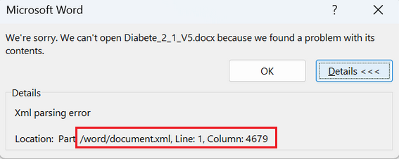 Microsoft Word error message stating it cannot open Diabetes_2_1_V5.docx due to a problem with its contents. Details show an XML parsing error at worddocument.xml, Line 1, Column 4679.