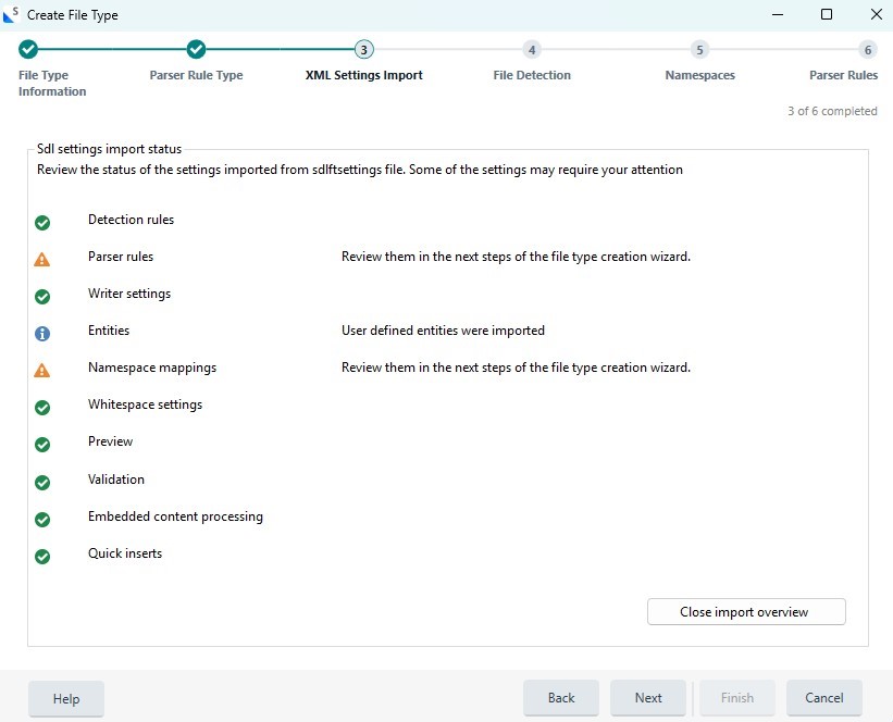 Create File Type wizard showing XML Settings Import step with a list of settings, including Detection rules, Parser rules, and Namespace mappings, some with warnings.
