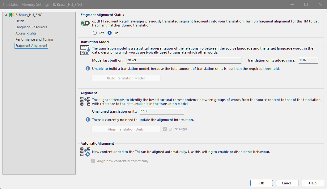 Translation Memory Settings window showing Fragment Alignment Status set to On. Translation Model section indicates translation units added: 1107. Unable to build a translation model message displayed.