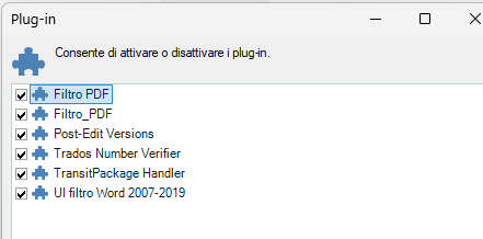Screenshot of the Trados Studio Plug-in window showing a list of installed plugins, including Filtro PDF, Post-Edit Versions, Trados Number Verifier, and others.