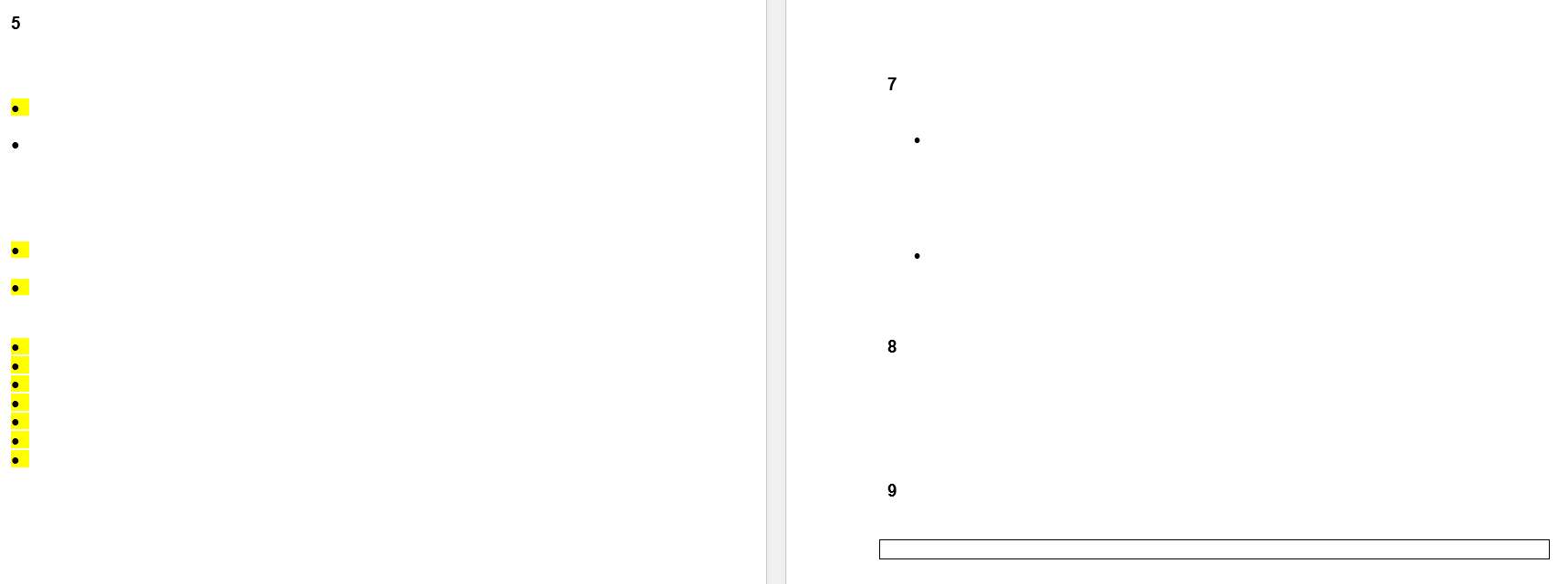 Screenshot showing a document with numbered lines and bullet points, some highlighted in yellow, indicating formatting inconsistencies or unnecessary line breaks.