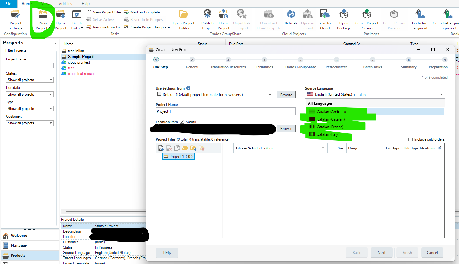 Screenshot of Trados Studio interface showing the 'New Project' button highlighted in green, with the 'Create a New Project' window open. Source language set to English (United States) and Catalan options highlighted.