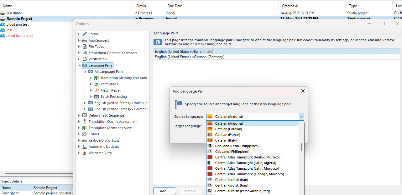 Trados Studio interface showing the Language Pairs settings. A dropdown menu is open, displaying Catalan language options, including Catalan (Andorra) and Catalan (France).