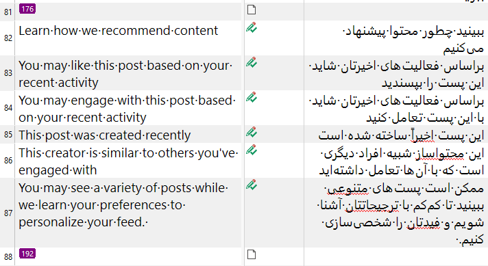 Screenshot of Trados Studio showing segments 81 to 88 with English and Persian text. Segments 81 and 88 are highlighted, and segment 88 has a red underline indicating an issue.